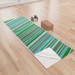 [ Thumbnail: Turquoise, Slate Gray, Dark Olive Green, Light Blue, and Green Colored Striped/Lined Pattern Yoga Towel ]
