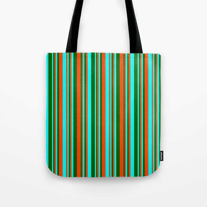 Red, Cyan, and Dark Green Colored Lined/Striped Pattern Tote Bag