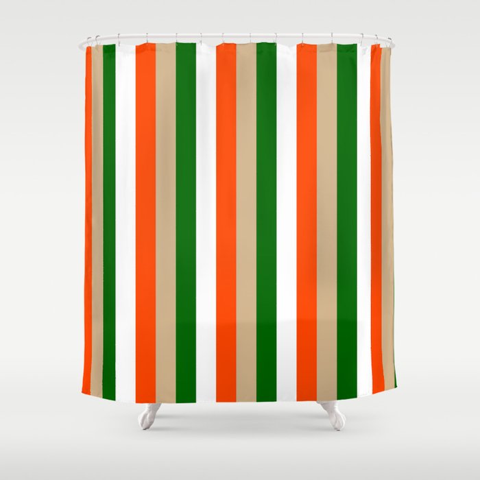 Red, Tan, Dark Green & White Colored Striped/Lined Pattern Shower Curtain