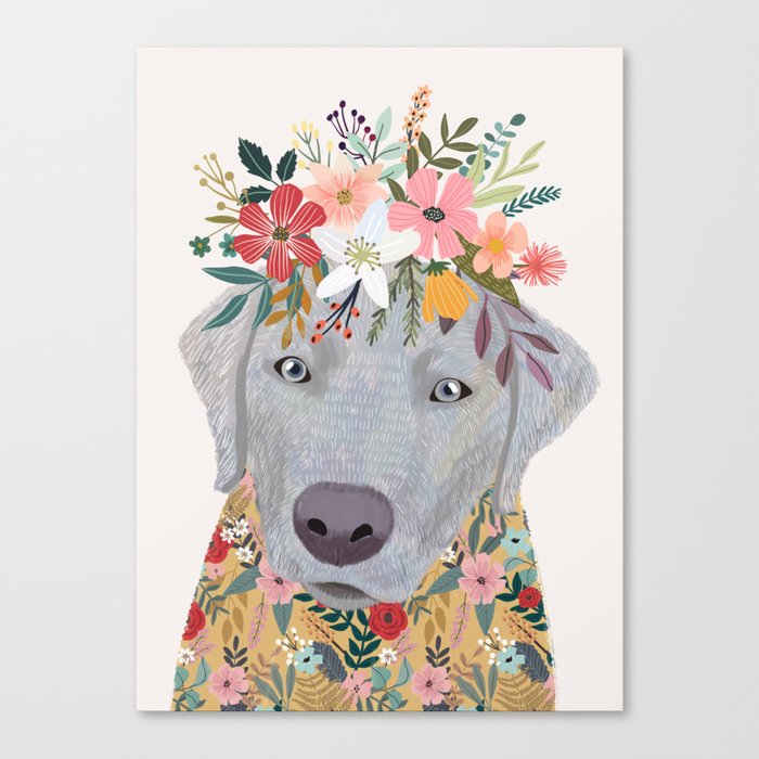 Silver Labrador with Flowers Canvas Print