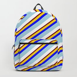 [ Thumbnail: Eye-catching Yellow, Blue, Light Blue, White & Maroon Colored Lines Pattern Backpack ]