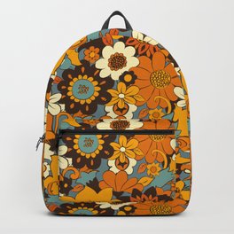 70s Retro Flower Power 60s floral Pattern Orange yellow Blue Backpack