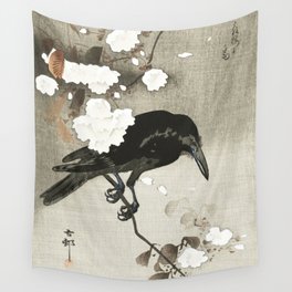 Raven on Cherry tree - Japanese vintage woodblock print Wall Tapestry