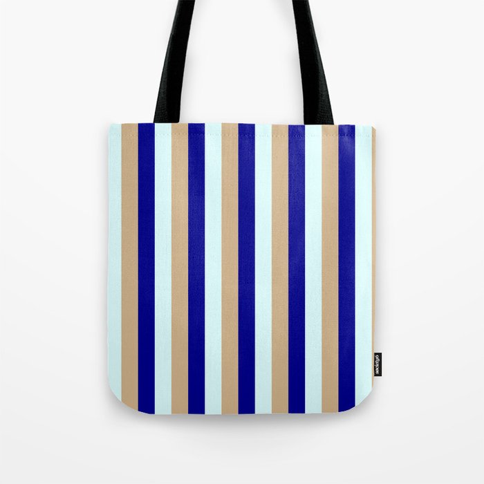 Tan, Dark Blue & Light Cyan Colored Lines Pattern Tote Bag