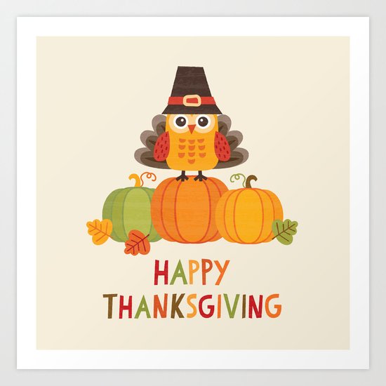 THANKSGIVING OWL IN TURKEY COSTUME ON PUMPKINS Art Print