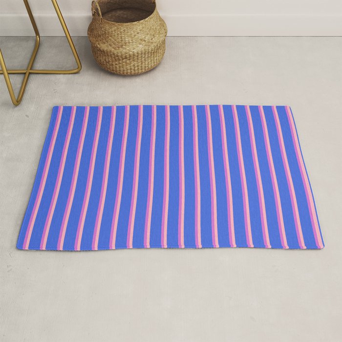 Light Pink, Royal Blue, and Orchid Colored Lined/Striped Pattern Rug by