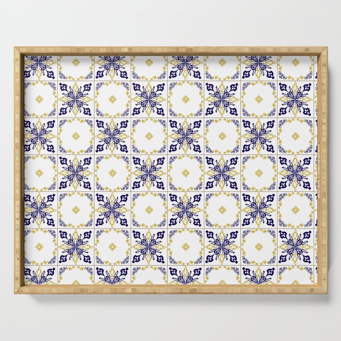 Abstract floral pattern, yellow and blue print art Serving Tray