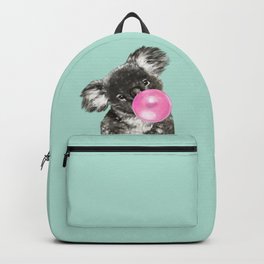 Playful Koala Bear with Bubble Gum in Green Backpack