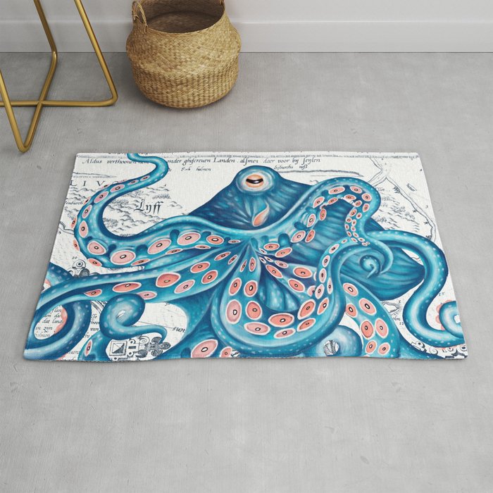 Blue Octopus Bubbles and Vintage Nautical Map  Rug