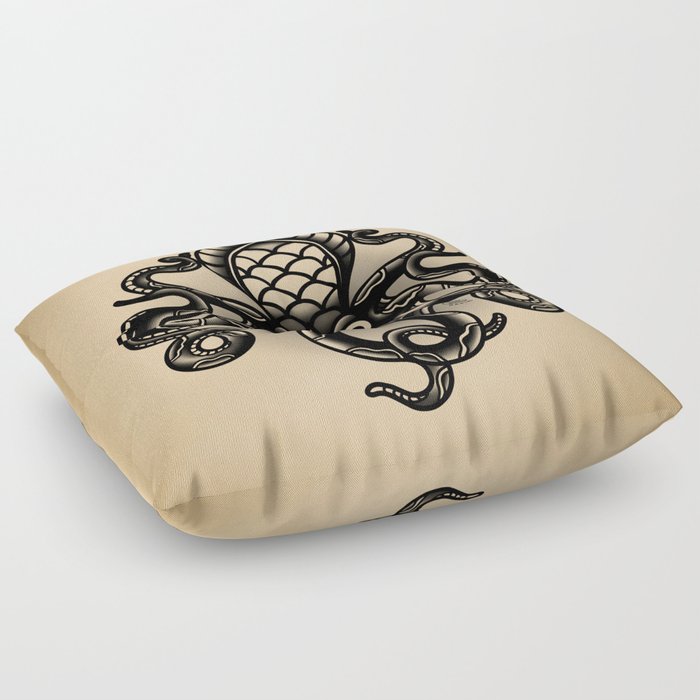 Traditional Tattoo Octopus - BW Floor Pillow