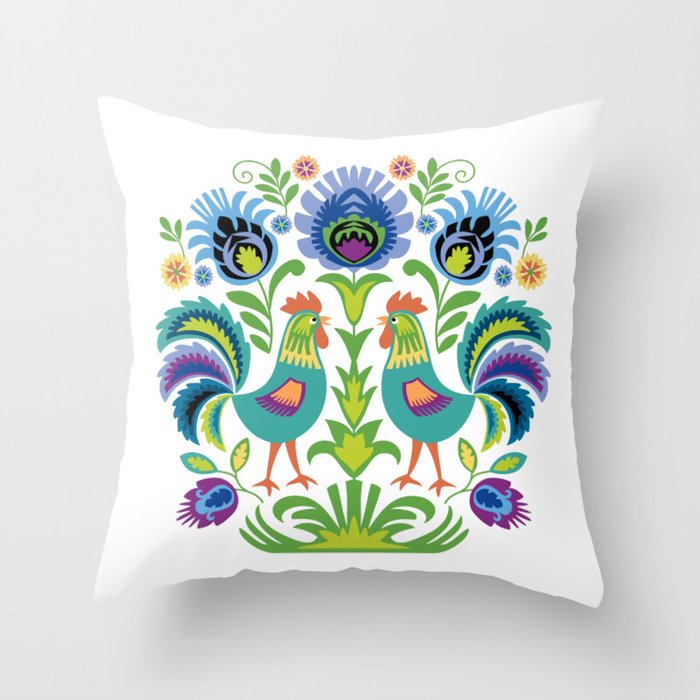 Polish Folk Design Two Roosters Throw Pillow