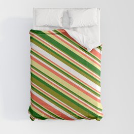 [ Thumbnail: Eyecatching Green, White, Red, Tan & Dark Green Colored Striped/Lined Pattern Comforter ]