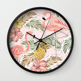 Art print in pink with flamingos, leaves and pineapple Wall Clock