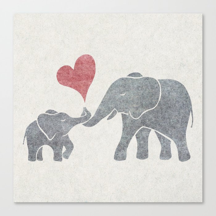 Elephant Hugs with Heart in Muted Gray and Red Canvas Print