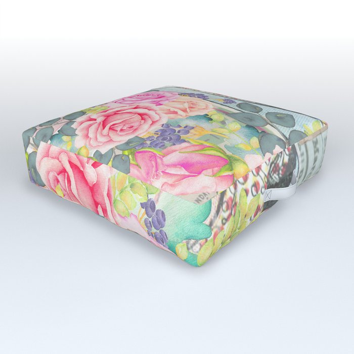 Vintage pink roses retro colorful collage pinup girl Outdoor Floor Cushion