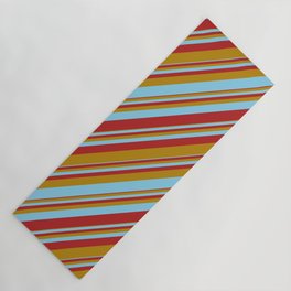 [ Thumbnail: Dark Goldenrod, Sky Blue & Red Colored Stripes Pattern Yoga Mat ]