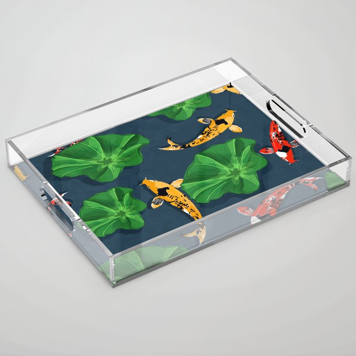 RED and YELLOW Koi in BLUE Water Art Print Acrylic Tray
