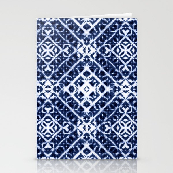 Baroque tie dye of white and indigo blue squares Stationery Cards