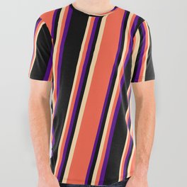 [ Thumbnail: Tan, Red, Indigo, and Black Colored Striped/Lined Pattern All Over Graphic Tee ]