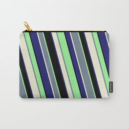 [ Thumbnail: Vibrant Slate Gray, Beige, Midnight Blue, Black, and Green Colored Stripes/Lines Pattern Carry-All Pouch ]