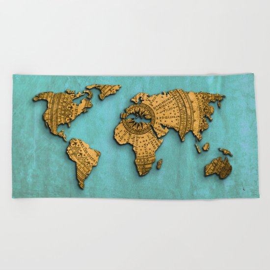 Vintage World Map on Jade Dragon Teal Beach Towel