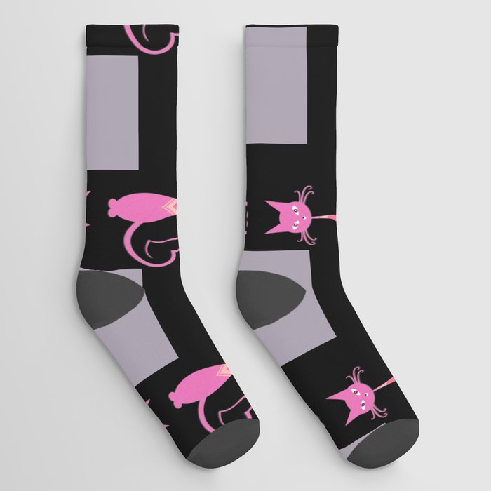 Blue And Black Buffalo Plaid,Blue And Black Plaid,Pink Cat Pattern, Socks