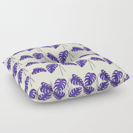 Indigo Monstera Leaf Watercolor on Blush Floor Pillow