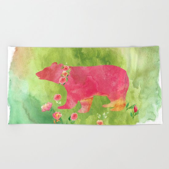 Bear with flowers - Animal watercolor illustration on #Society6 Beach Towel