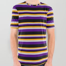 [ Thumbnail: Orange, Light Grey, Indigo & Black Colored Pattern of Stripes All Over Graphic Tee ]