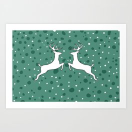 Two Reindeer Moose Winter Snowflakes Stars red #x-mas green Art Print