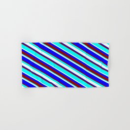 [ Thumbnail: Mint Cream, Blue, Dark Red, and Aqua Colored Lined Pattern Hand & Bath Towel ]