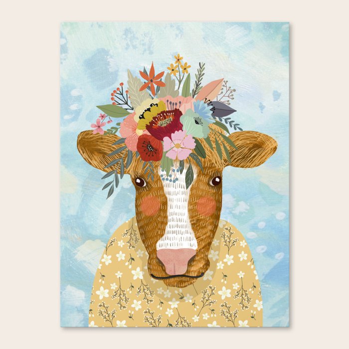 Cute cow with flowers on head, floral crown farm animal Canvas Print by Mia Charro Society6