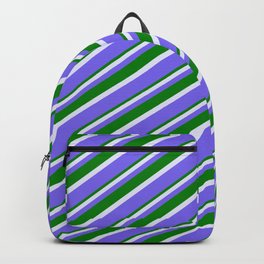 [ Thumbnail: Lavender, Medium Slate Blue & Green Colored Lines Pattern Backpack ]