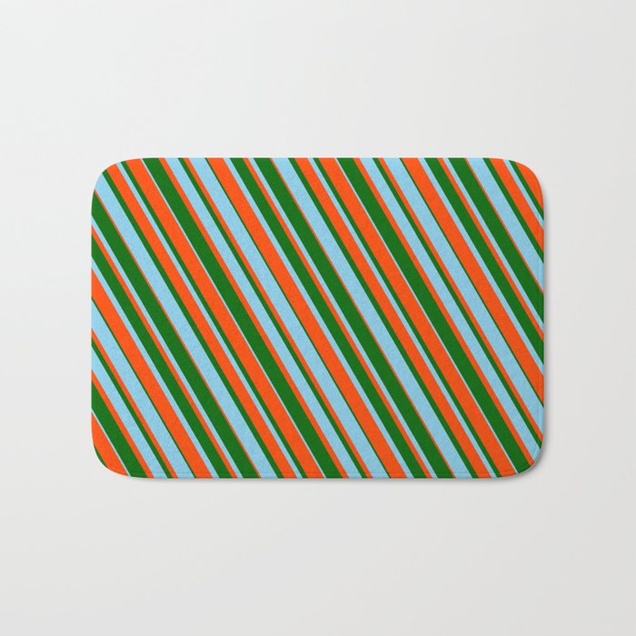 Dark Green, Sky Blue, and Red Colored Striped Pattern Bath Mat