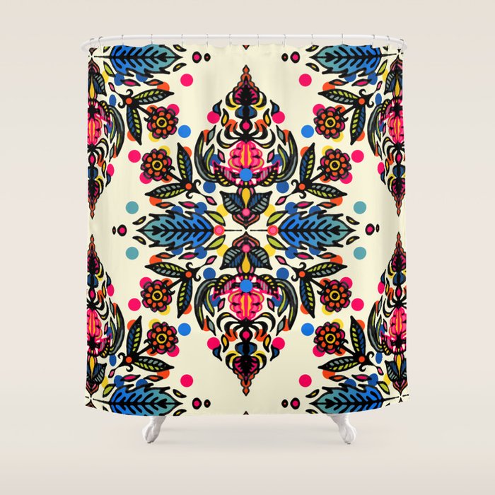Bright Folk Art Pattern hot pink, orange, blue & green Shower Curtain