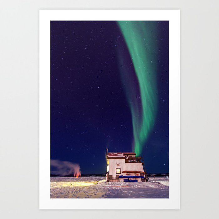 Northern Lights and house boat in Yellowknife Art Print