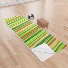 [ Thumbnail: Forest Green, Tan, Chocolate, and Light Green Colored Lined/Striped Pattern Yoga Towel ]
