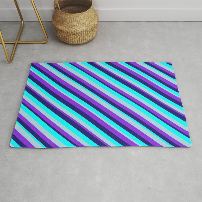 Midnight Blue, Aqua, Light Blue, and Purple Colored Lined/Striped Pattern Rug