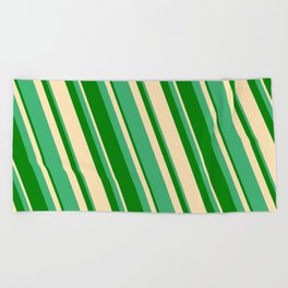 [ Thumbnail: Sea Green, Green & Beige Colored Striped/Lined Pattern Beach Towel ]