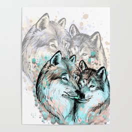 Wolves Teal Shadowed Poster