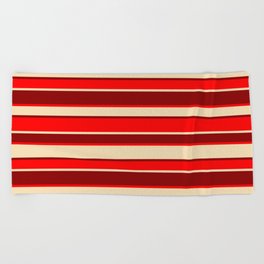 [ Thumbnail: Dark Red, Red, and Tan Colored Striped Pattern Beach Towel ]