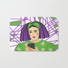 A girl in a green dress and a headband looks at the iphone Bath Mat | Glitch, Qween, Headband, Glamour, Style, Squarehairstyle, Disco, Rednail, Colourful, Greendress 