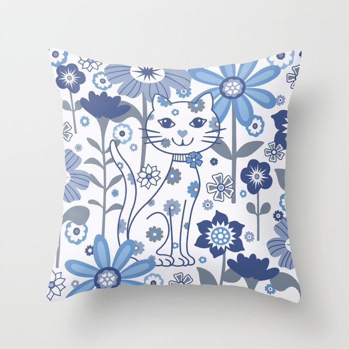 Blue and White Garden Cat Throw Pillow