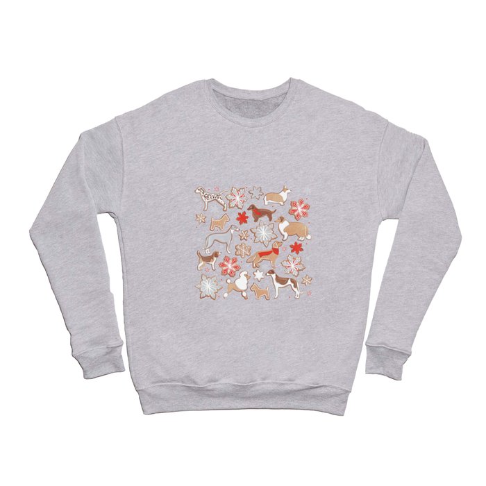 Catching ice and sweetness // navy blue background gingerbread white brown grey and dogs and snowflakes neon red details Crewneck Sweatshirt