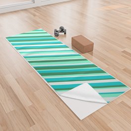 [ Thumbnail: Dark Turquoise, Sea Green, Aquamarine, and Mint Cream Colored Striped/Lined Pattern Yoga Towel ]