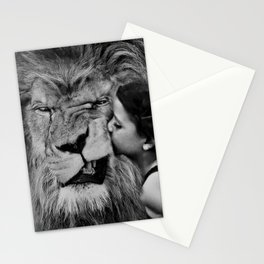 Grouchy Lion being kissed by brunette girl black and white photography Stationery Card