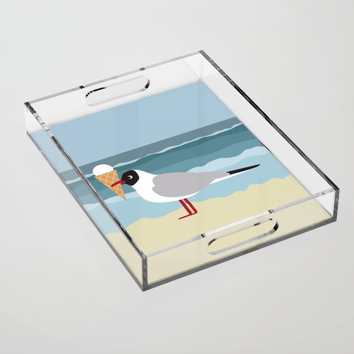 Cute seagull with ice cream by the sea Acrylic Tray