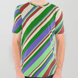 [ Thumbnail: Slate Blue, Light Green, Brown, Beige & Green Colored Pattern of Stripes All Over Graphic Tee ]