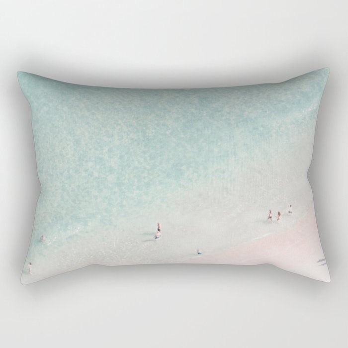 Aerial Beach Ocean Print - Beach People - Pink Sand - Pastel Sea - Minimal - Travel photography Rectangular Pillow