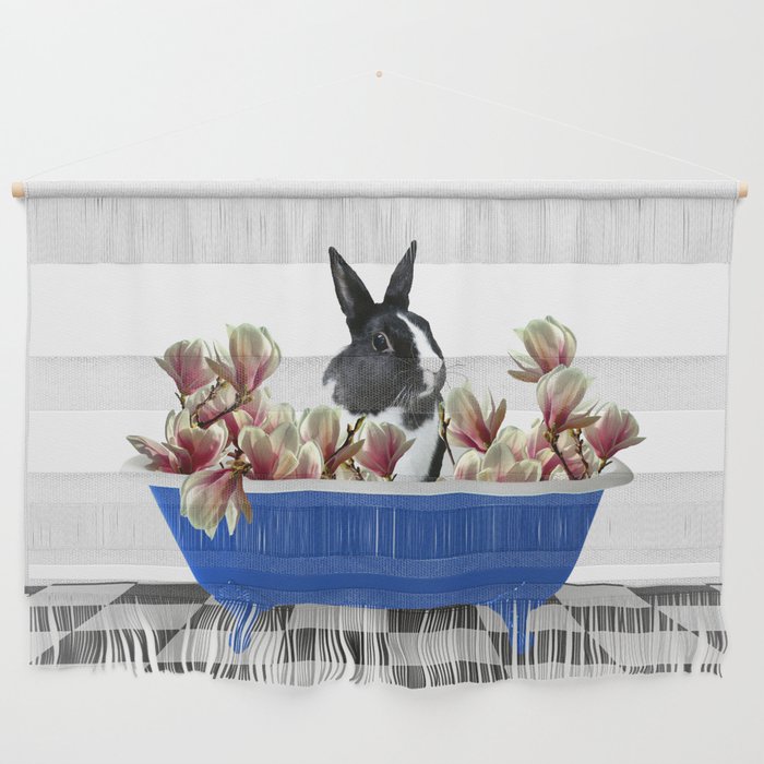 Bunny Rabbit Blue Bathtub - Magnolia Flowers Wall Hanging
